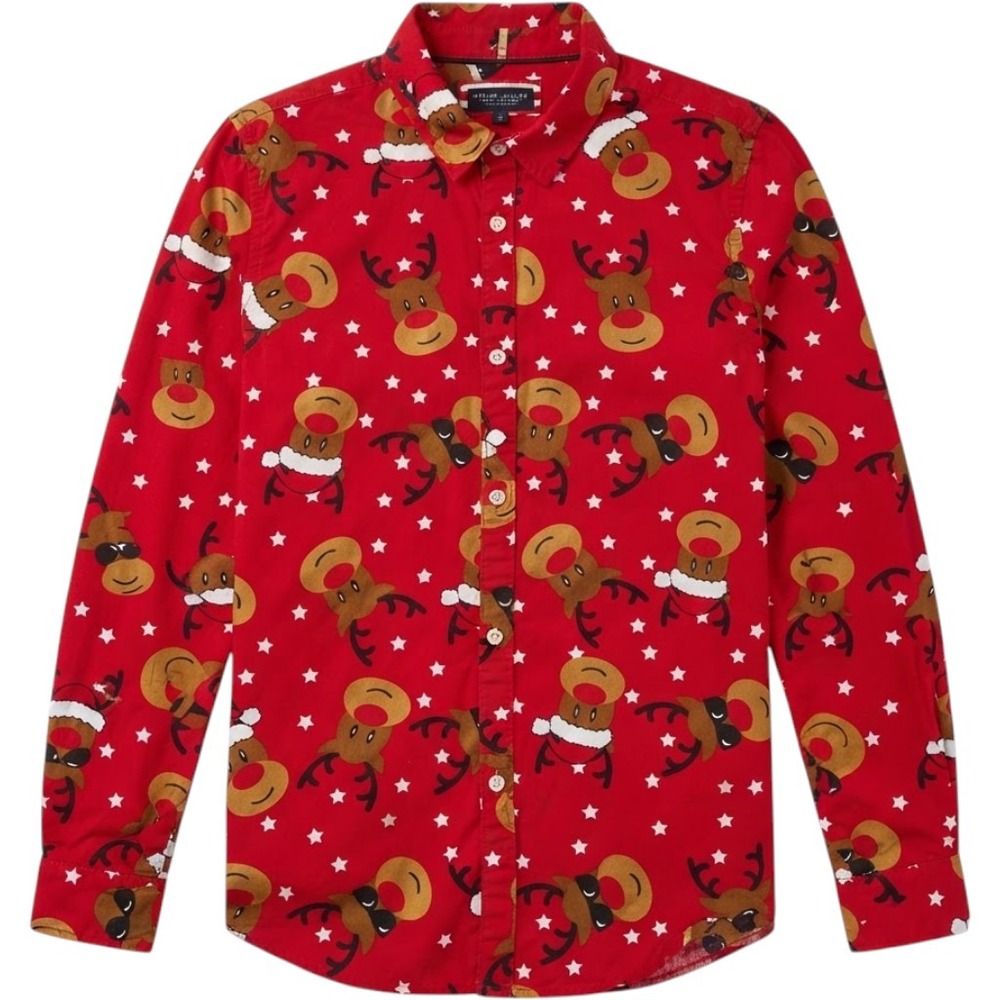 Denim & Flower Boys Red Reindeer Christmas Button Down Shirt Size 11/12 Holiday